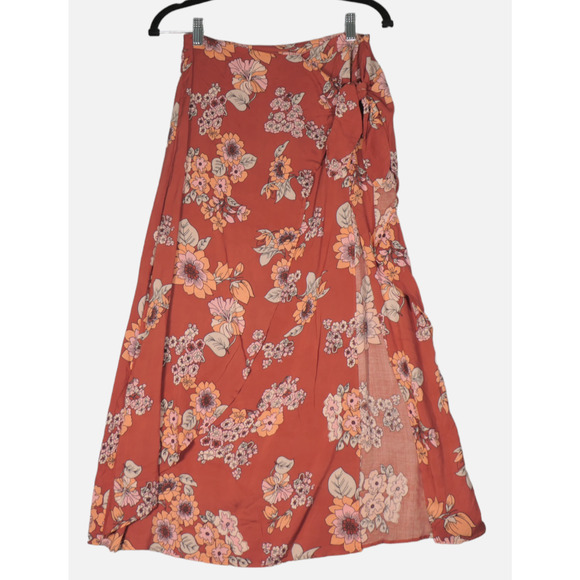 Free People Wrap Skirt Midi Womens 0 Brown Floral Viscose Lightweight Boho - Picture 1 of 11